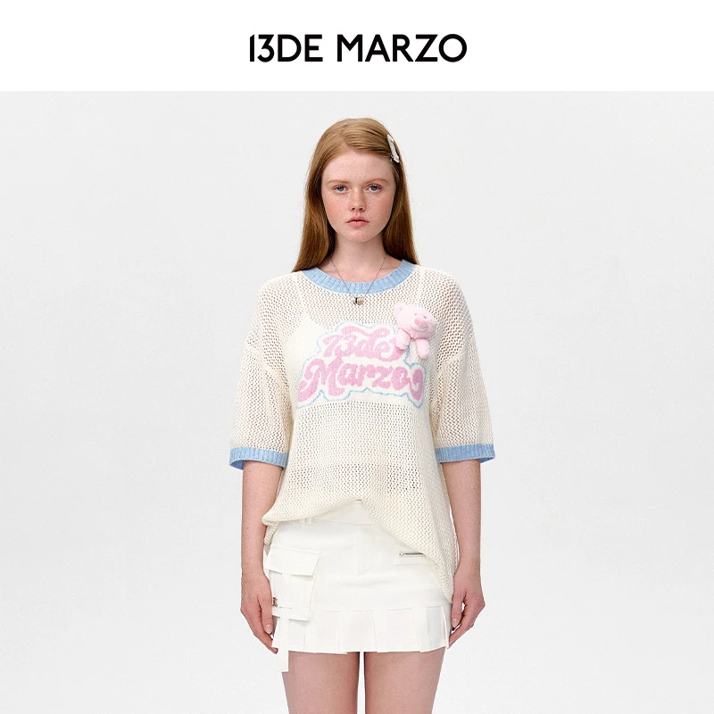 13DE MARZO女士 25早春新款针织镂空短袖撞色logo宽松圆领百搭T恤