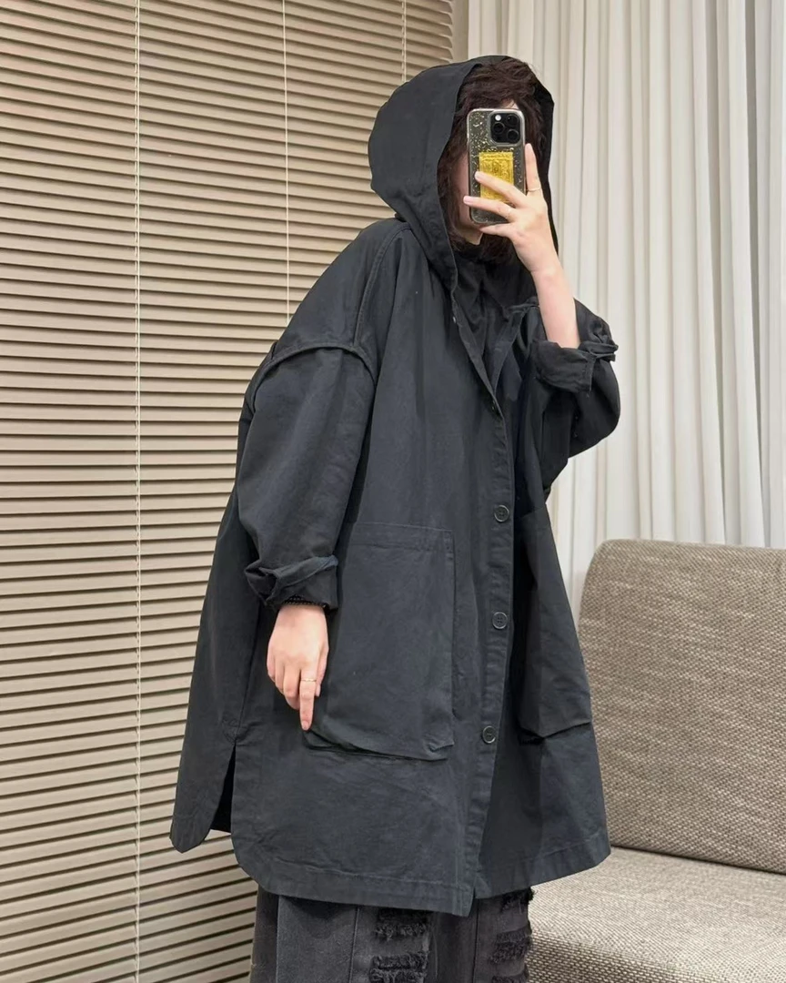 长款极简风女中长款休闲中等常规款风衣外套连帽复古ins韩版