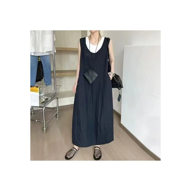 2025夏季新款亚麻莱赛尔天丝百搭透气冰冰凉假两件连衣裙-5281