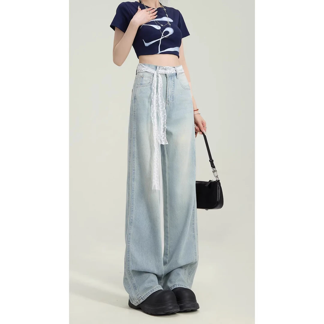 浅色窄版阔腿牛仔裤女款2025秋季薄款高个子宽松显瘦垂感直筒裤子