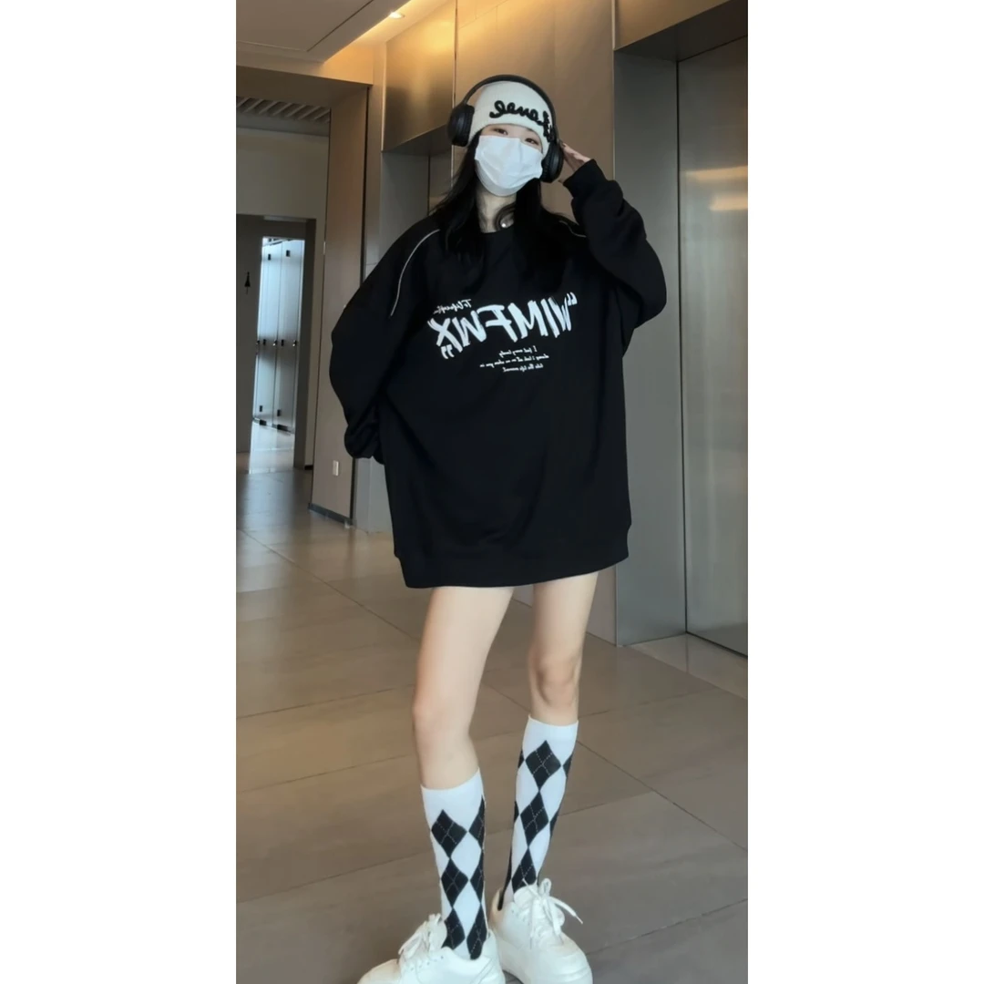美式慵懒风黑色今年流行卫衣女秋季下衣失踪宽松潮牌ins小众外套