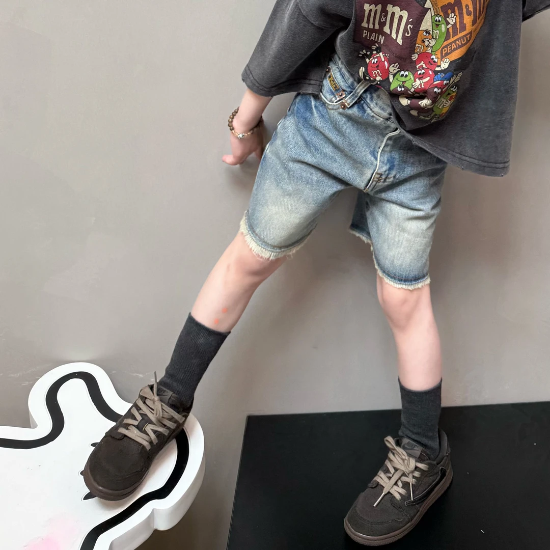 25新款夏季男女童浅色水洗蓝毛边软牛仔儿童百搭松紧腰中裤