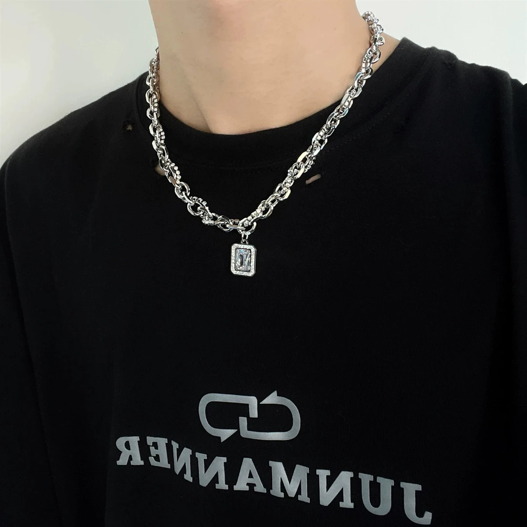 坠链均925银锆石 项链男款潮流百搭小众设计冰糖宝石吊坠锁骨链