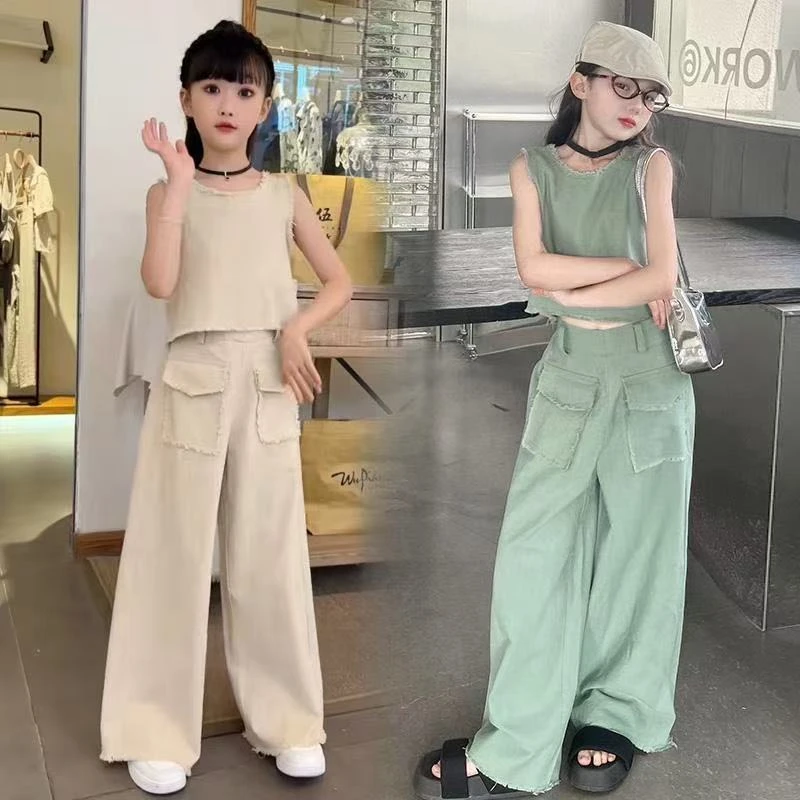 MK&DK女童夏季套装2025款儿童洋气时髦大童女孩网红阔腿裤两件套