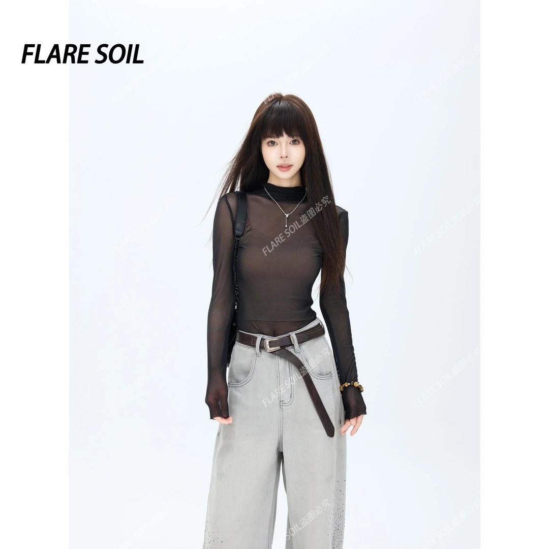 【FLARE SOIL】设计师堆堆领网纱修身打底早春百搭上衣 T40436A