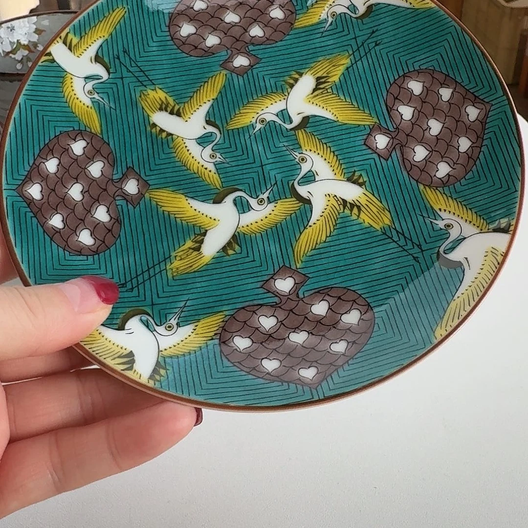 瓷片九谷烧手绘仙鹤15厘米圆盘