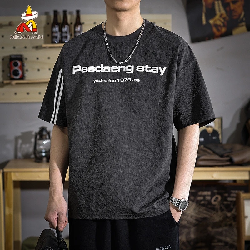 Mexican/稻草人夏季凉感宽松男士短袖t恤美式潮牌印花半袖体恤ins