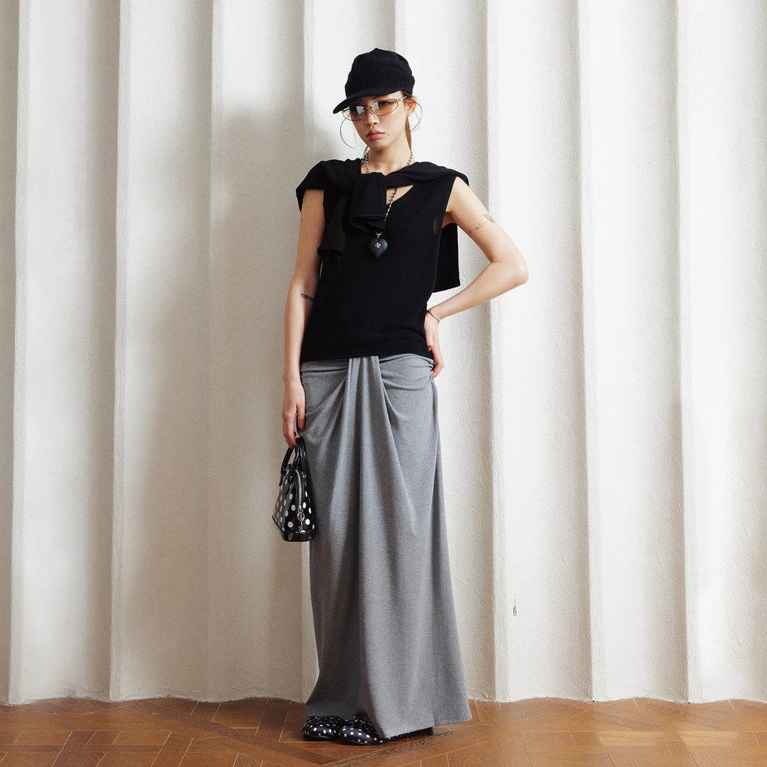 Babefish onze极简褶皱设计感低腰弹力长裙