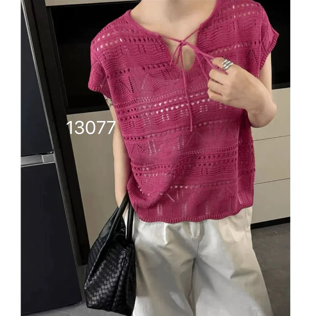 13077（部分无水洗唛，介意慎拍）WANGDAN新款镂空水滴系绳短袖