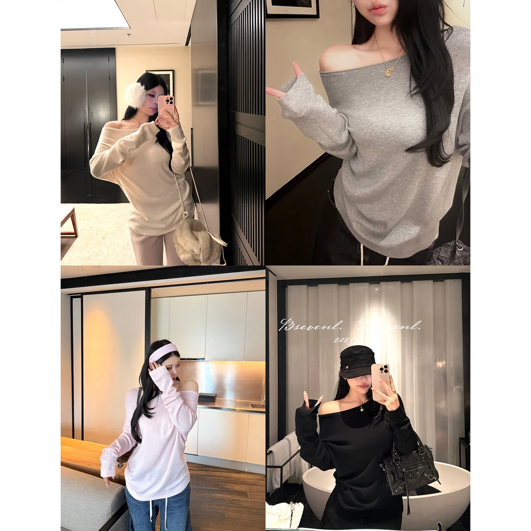 黑泽玄七温妮弗Sweater”三季松弛系美女云柔感羊毛斜肩气质冬毛衣