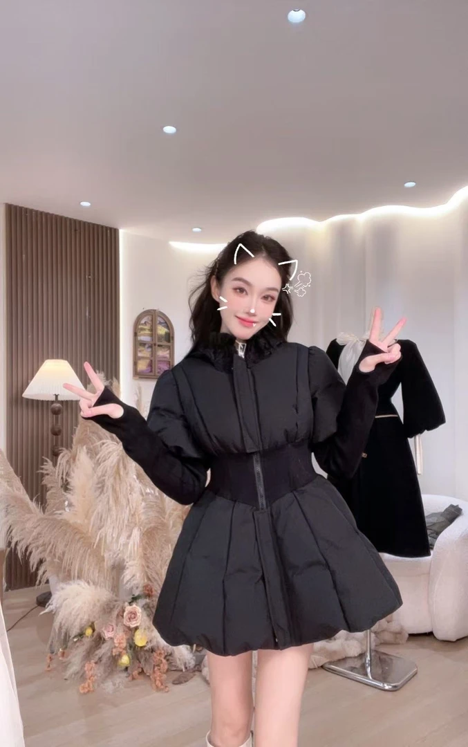 【石潇潇专属】法式复古泡泡袖小众羽绒服温暖显瘦大摆羽绒外套