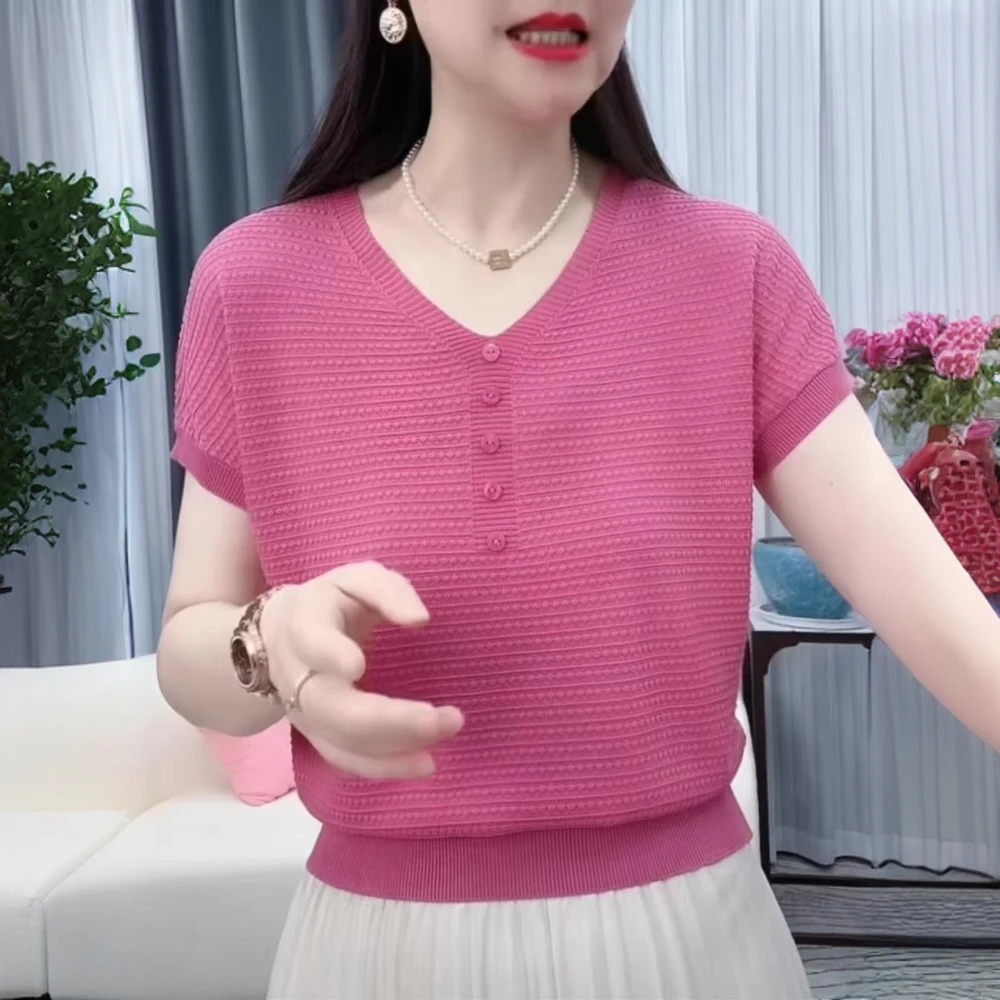 2025夏季新款V领针织短袖女士薄款套头t恤洋气减龄宽松凉感上衣