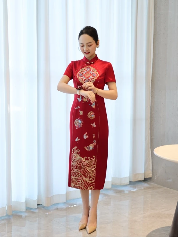 婚礼妈妈高端醋酸改良中式旗袍喜婆婆婚宴礼服年轻年轻版喜婆婆装