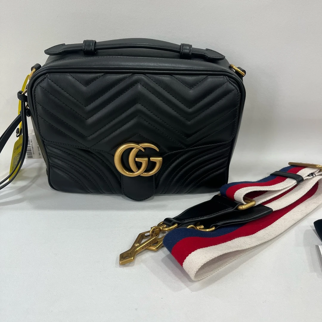 95新 GUCCI/古驰 捐金沉珠/马蒙邮差包黑色单肩