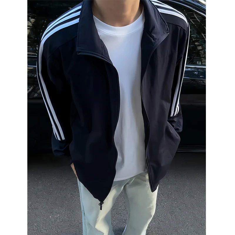 黑色三条杠卫衣外套男秋季短款潮牌高级感运动夹克开衫立领棒球服