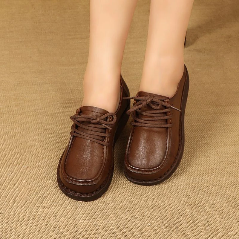 坡跟妈妈单鞋真皮秋冬复古休闲深口皮鞋女舒适牛筋软底牛皮中跟鞋
