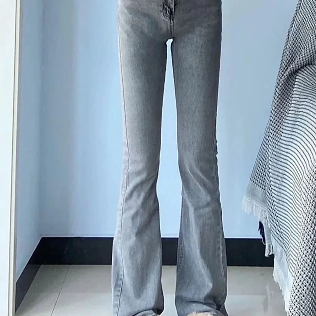 做旧浅灰色微喇叭牛仔裤女ins潮高街弹力修身显瘦加长拖地裤长裤