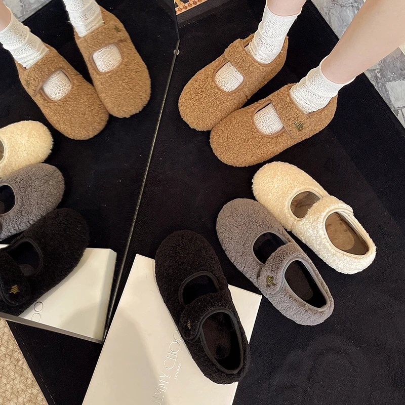 法式勃肯玛丽珍毛毛鞋女加绒保暖平底冬季2025新款白色羊羔毛棉鞋