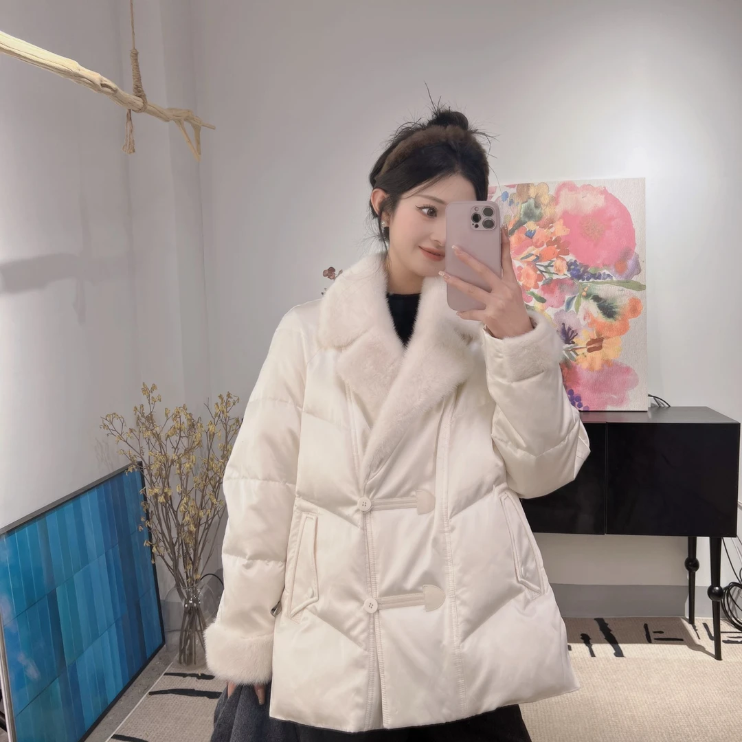 新中式缎面90鹅绒水貂毛设计师冬季外套女极简风时尚短款保暖271