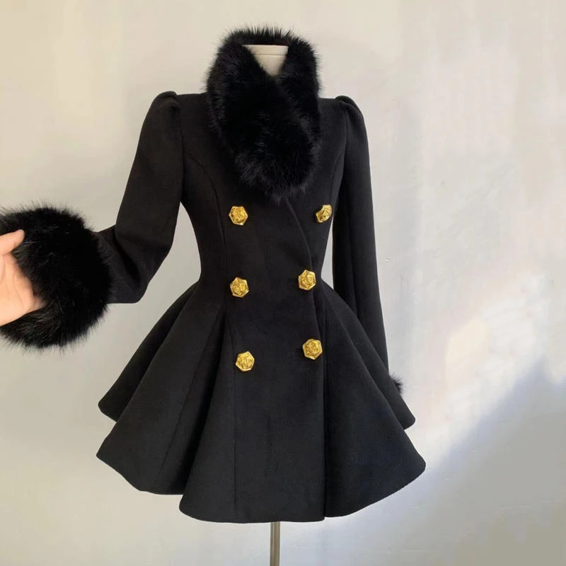 法式富家千金小香风黑色收腰显瘦毛呢收腰大衣设计感气质连衣裙冬