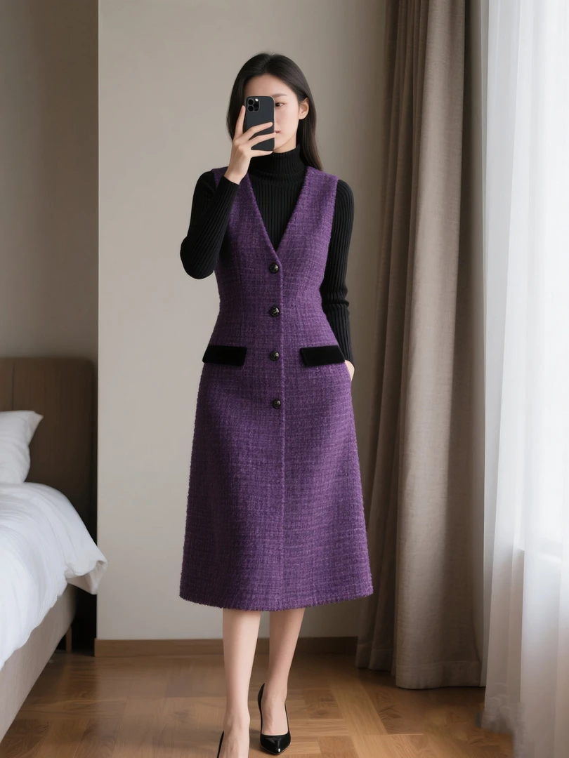 2025秋冬季新款紫色v领背心裙时尚气质优雅显瘦洋气百搭款连衣裙