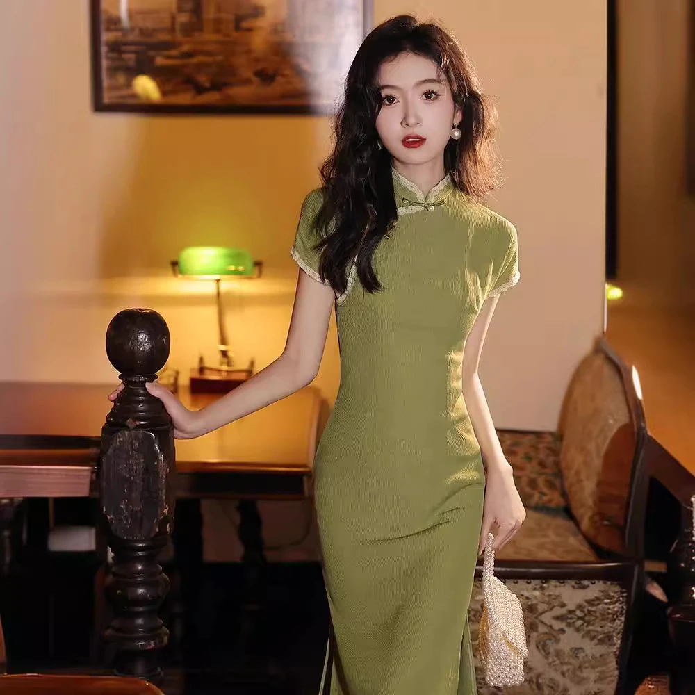 绿色旗袍年轻款少女夏季2025新款连衣裙日常可穿气质优雅新中式女