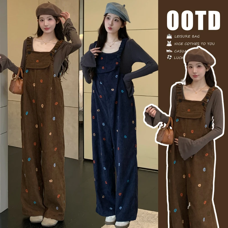 时尚秋冬孕妇套装女新款刺绣美拉德森系穿搭背带裤喇叭袖打底上衣