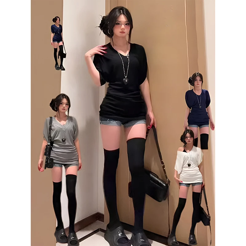 FOPJ时尚百搭夏季新款美式辣妹V领短袖设计感T恤慵懒宽松显瘦上衣