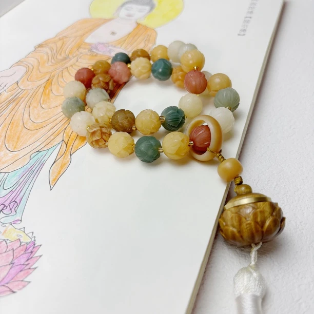 非金属木质手链 菩提雕刻莲花手持手串车挂古风单圈手工民族风