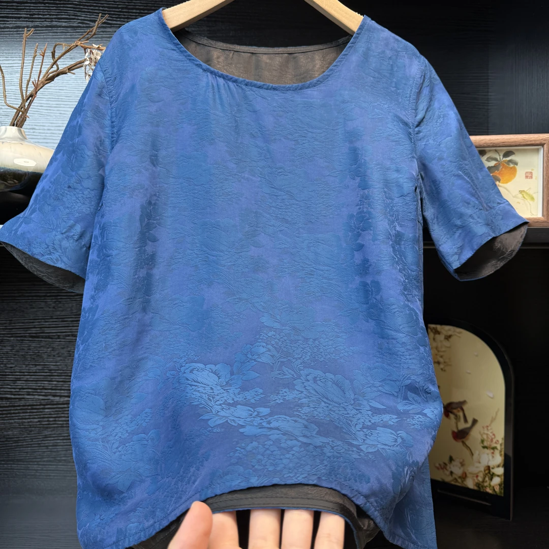 【蓝蓉】中式薄款提花短袖小衫2564