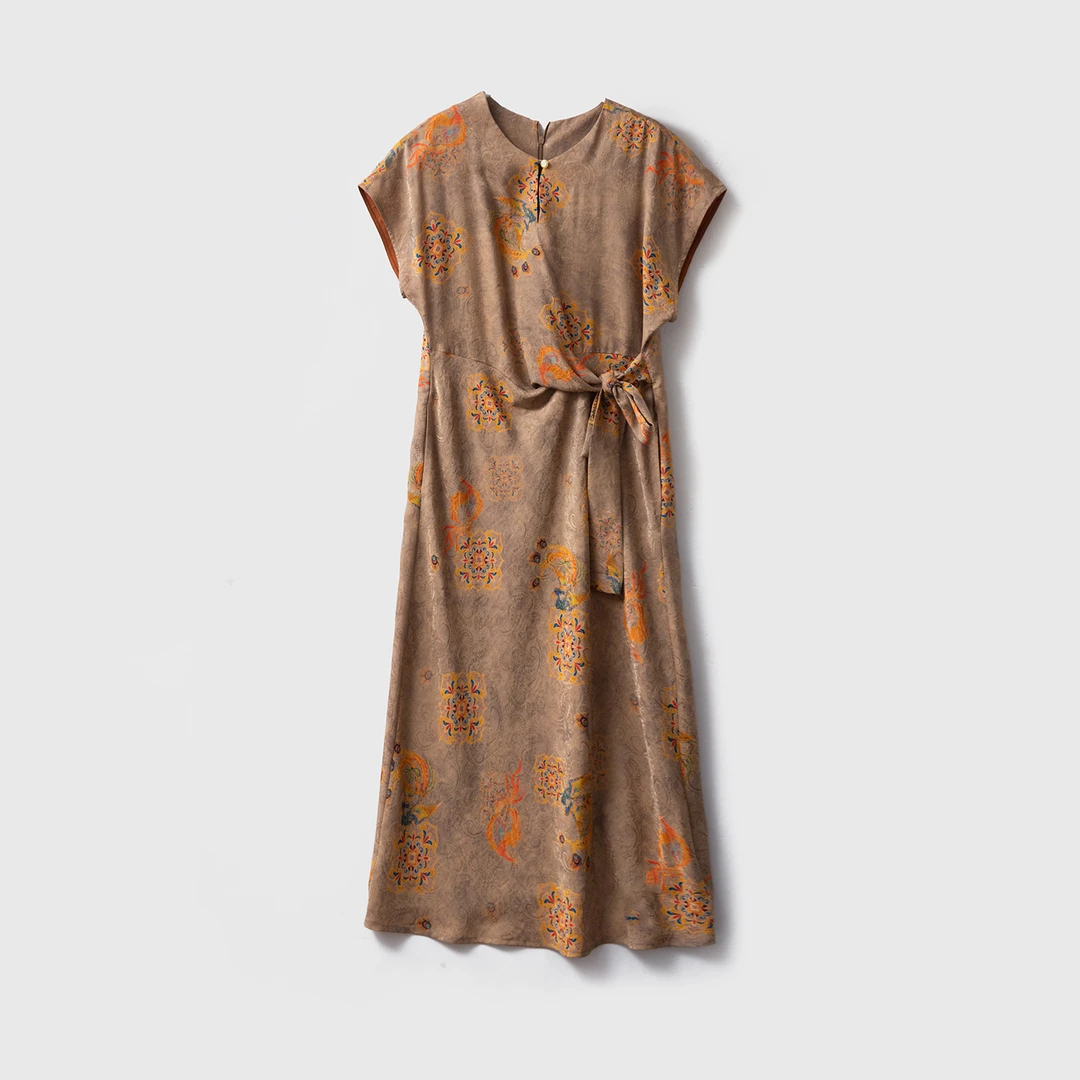 SILVIYE 国风花萝香云纱100桑蚕丝斜襟真丝a字连衣裙LQ52164