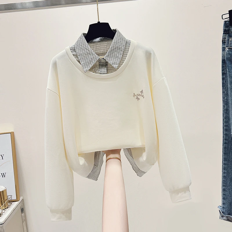 洋气时髦假两件格子POLO领套头卫衣女装春秋爆款气质减龄宽松上衣