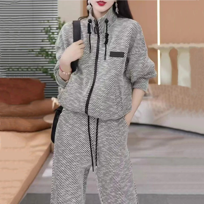 时尚休闲条纹套装女2025春秋欧美风新款宽松开衫上衣阔腿裤两件套