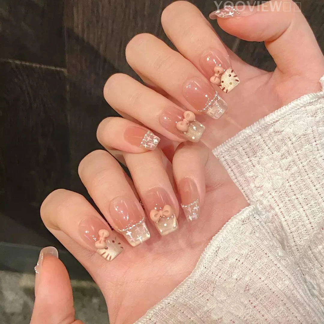 高级感穿戴甲穿戴甲腮红法式猫眼粉色可爱甜美结短款纯手工穿戴甲