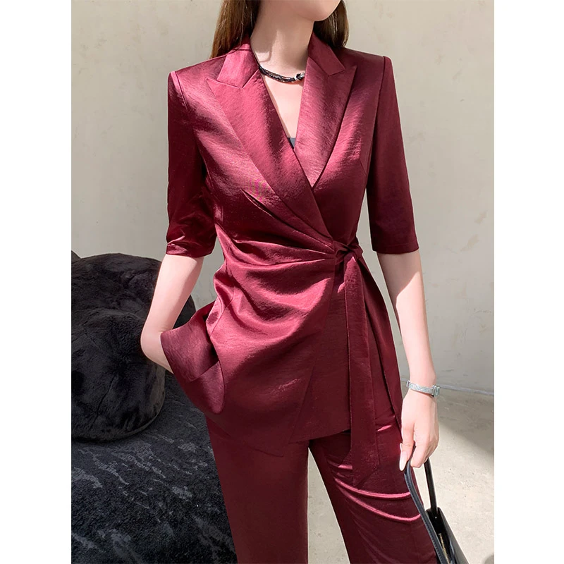 安可拉红小西装套装女2025新款夏季薄款缎面高级感御姐范休闲西服