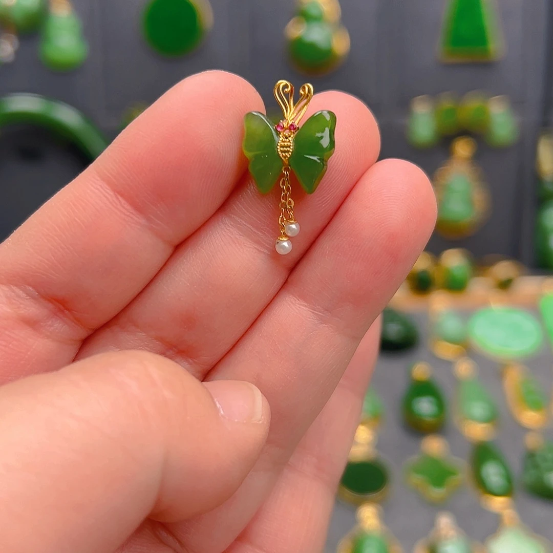 和田玉（碧玉）18K金镶嵌吊坠(不含链)