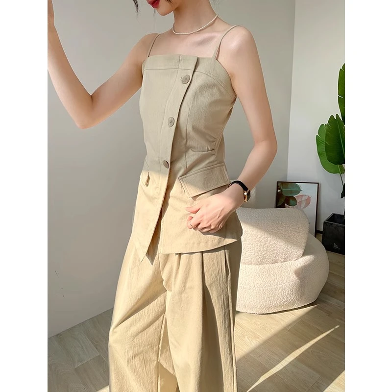 夏季套装女2025新款小香风卡其色不规则吊带背心气质阔腿裤两件套