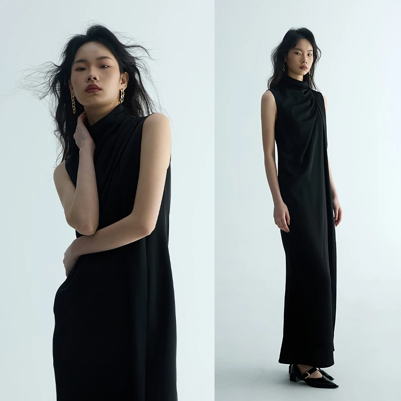 CBZIZI黛夜微光褶裥鱼尾长裙显瘦裙子气质长款纯色无袖轻奢夏季