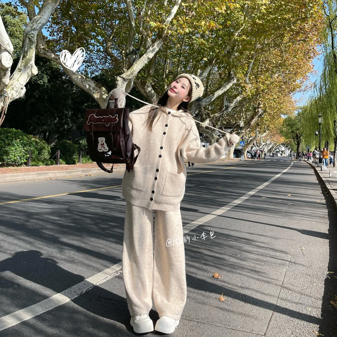 青苍【小岛日记】连帽休闲毛衣秋冬宽松保暖慵懒风针织套装两件套