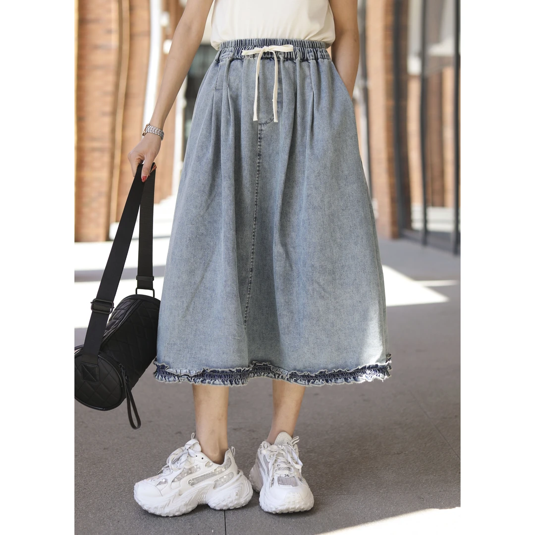 （浅笑）25006 木耳边松紧腰牛仔半身裙女显瘦中长款a字百褶伞裙