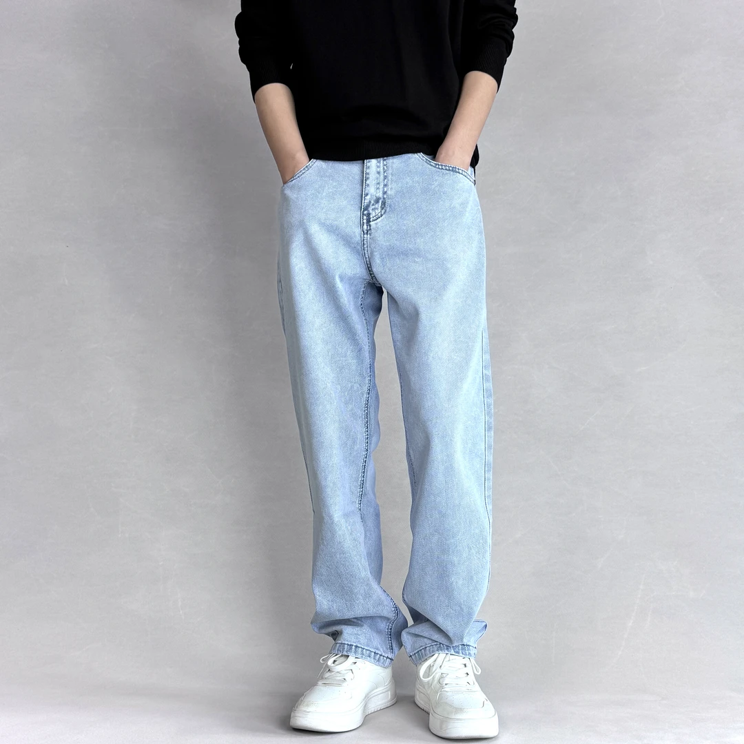 【宽松直筒】春夏薄款弹力轻柔软牛仔裤男款简约大气休闲百搭浅蓝色