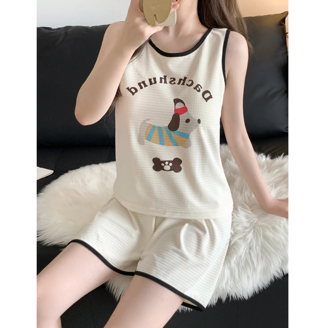 背心短裤睡衣女款夏季薄款带胸垫一体无袖学生运动两件套家居服