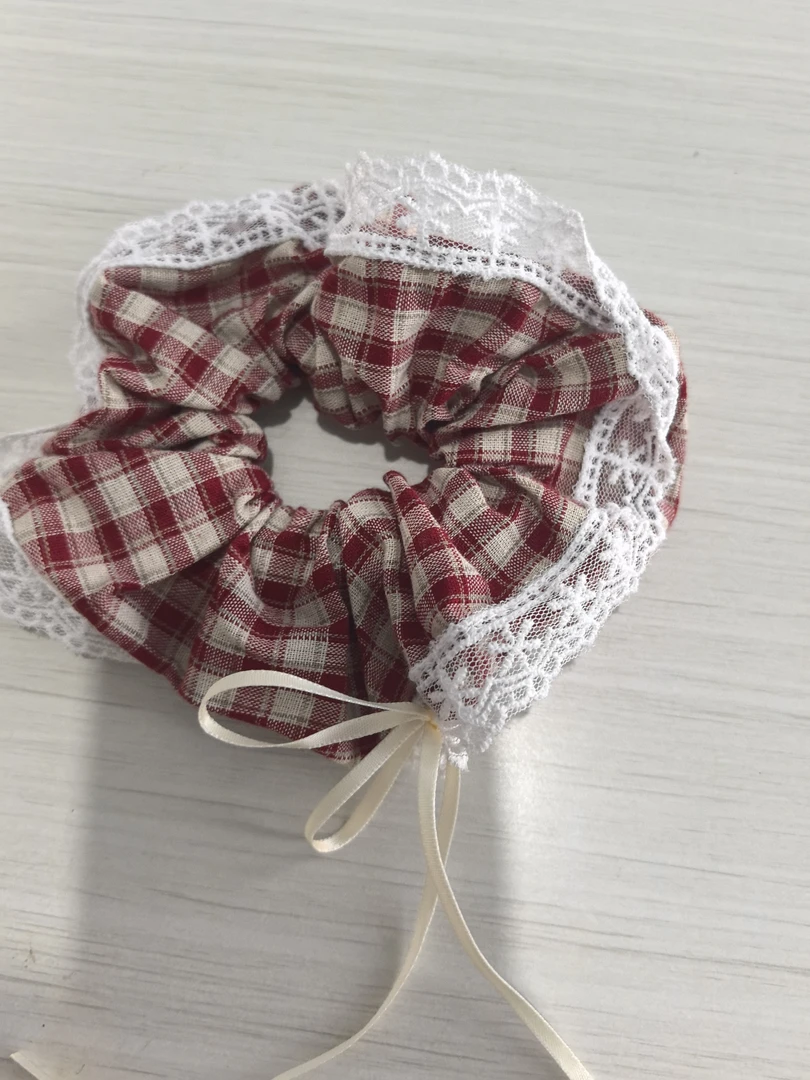 ins风复古格纹蕾丝蝴蝶结方巾圈发绳百搭气质高级感时尚低马尾
