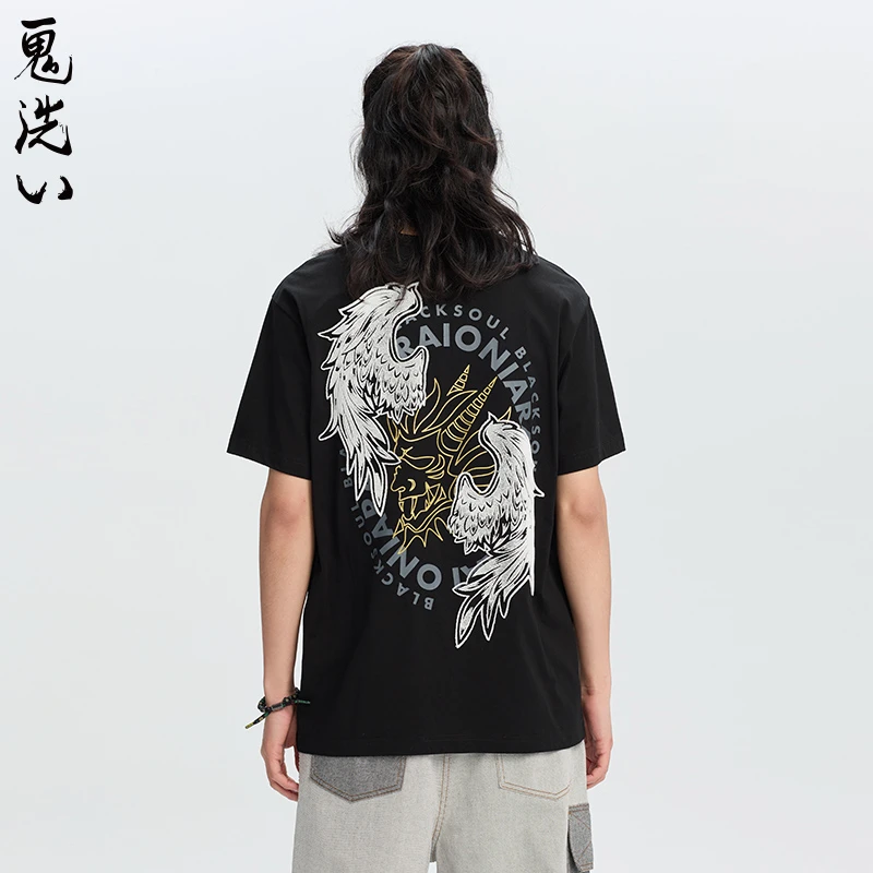 ONIARAI/鬼洗经典翅膀牙刷绣纯棉休闲情侣短T恤透气夏季B840236