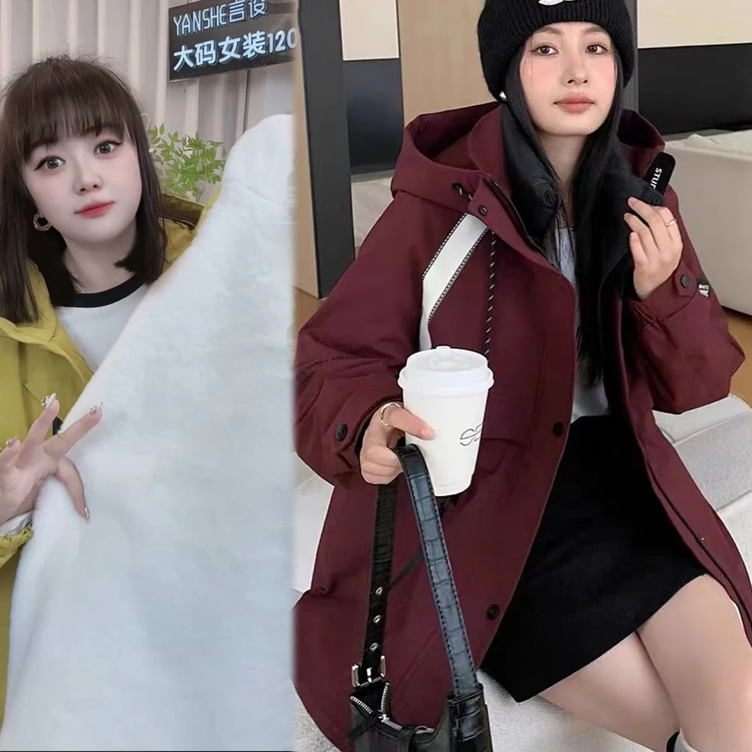 大码女装冬装新款派克服冲锋衣外套胖妹妹中长款长岛绒大衣加绒