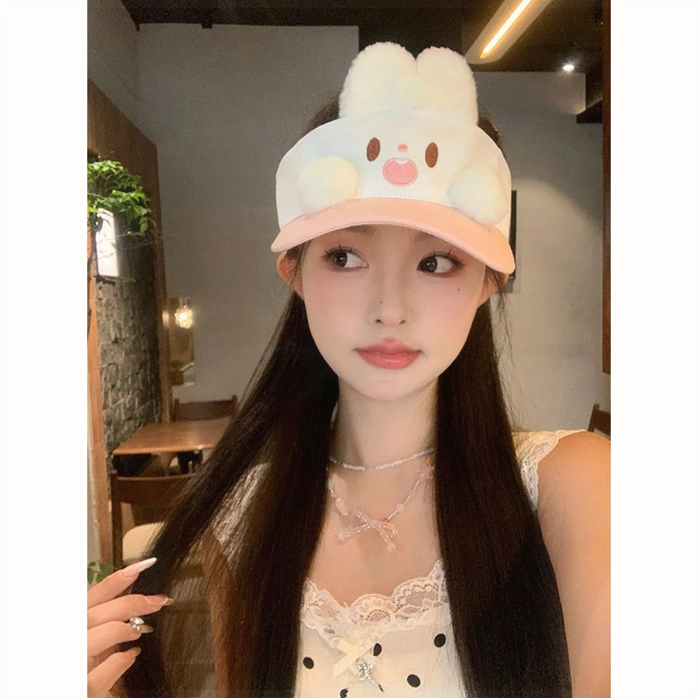 时尚防风可爱花花派对粉色趴趴兔耳空顶帽女夏季防紫外线显脸帽子