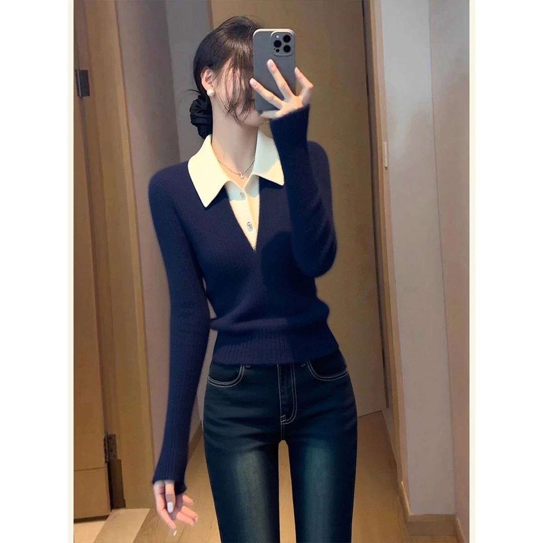 长袖POLO领半扣拼色藏蓝色上衣女2025冬简约修身气质舒适通勤小衫
