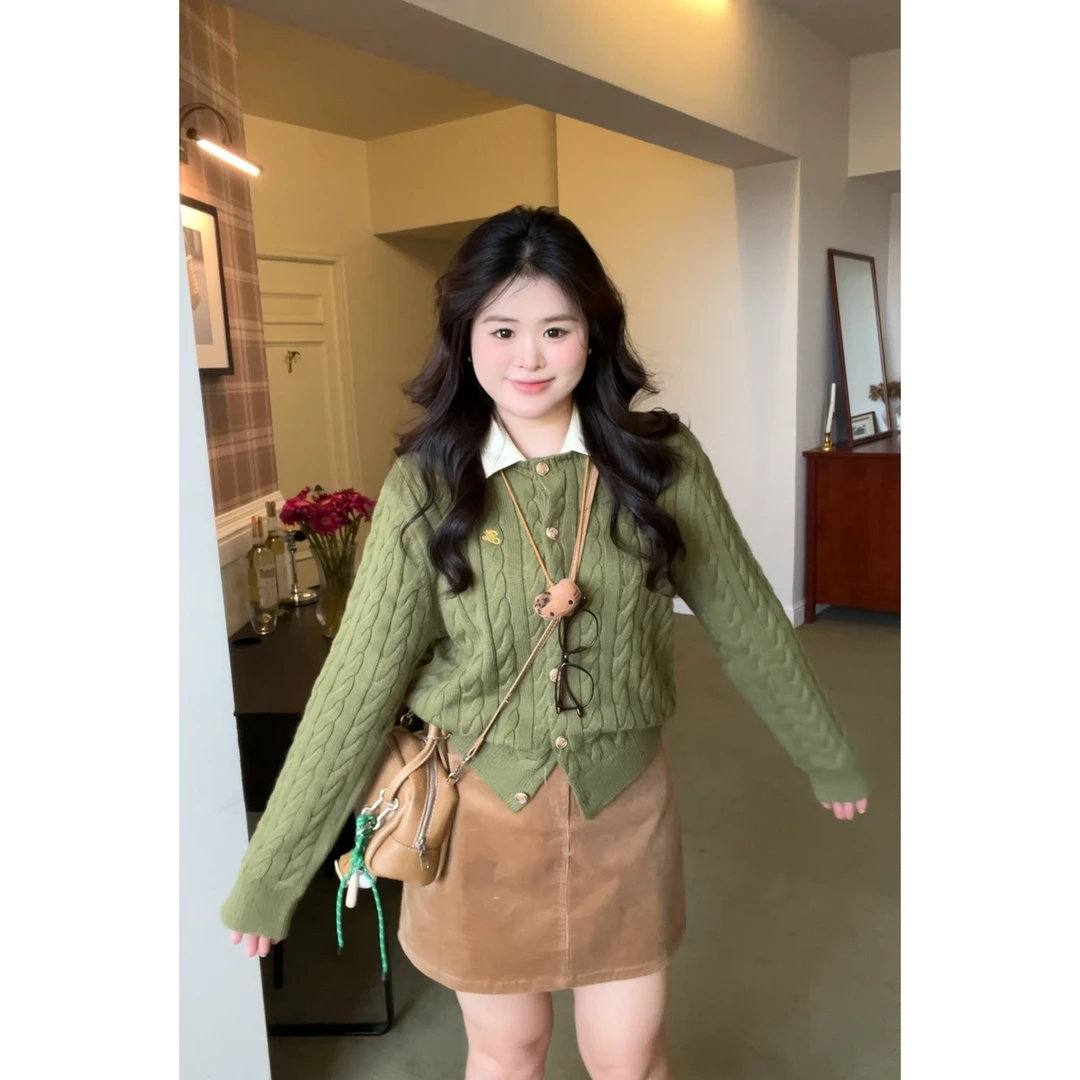 【秋日女友】JOJO定制显白学院风绿色毛衣搭半裙套装