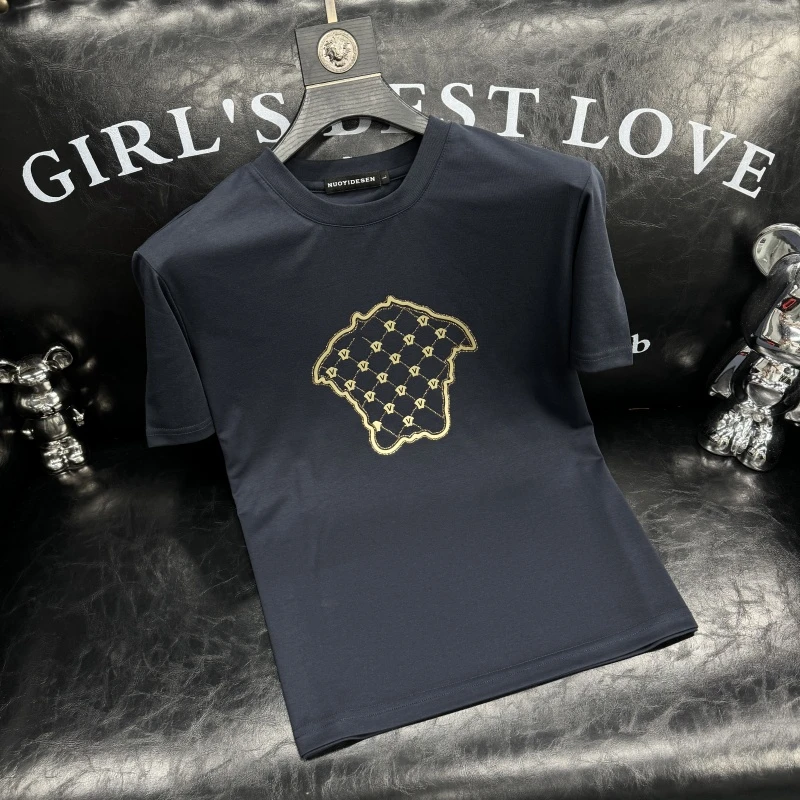 欧货高级感烫钻圆领t男士短袖2025新款夏季潮牌丝光棉潮流半袖