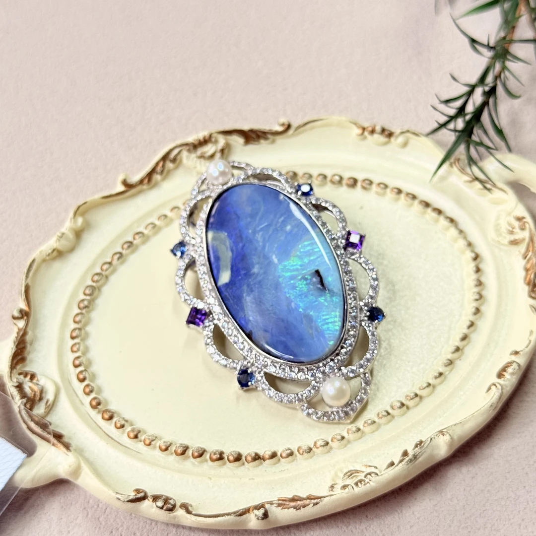 【六六中古】孤品银925欧泊配珍珠蓝宝石紫晶胸针吊坠两用ad5599